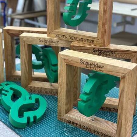 Custom Wooden Awards for Schneider Electric: Rotating Logo Design for Dealer Recognition Program