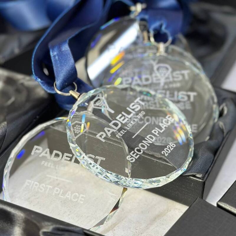 Custom crystal glass medals for Padelist Feel Like a Pro — First Place and Second Place laser engraved, navy blue satin ribbon