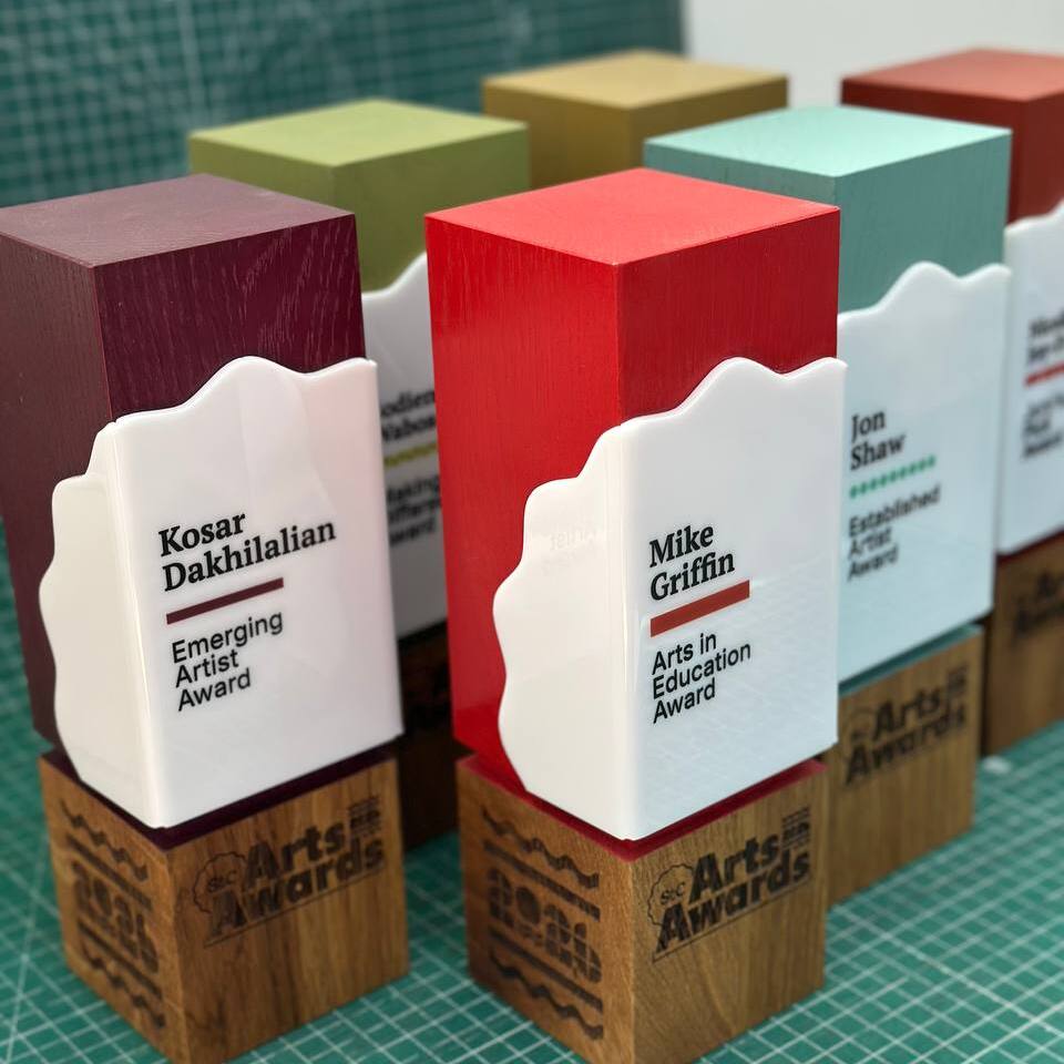 Custom Awards for Arts Ceremonies: Color-Coded Oak & Acrylic Trophies for the StC Arts Awards
