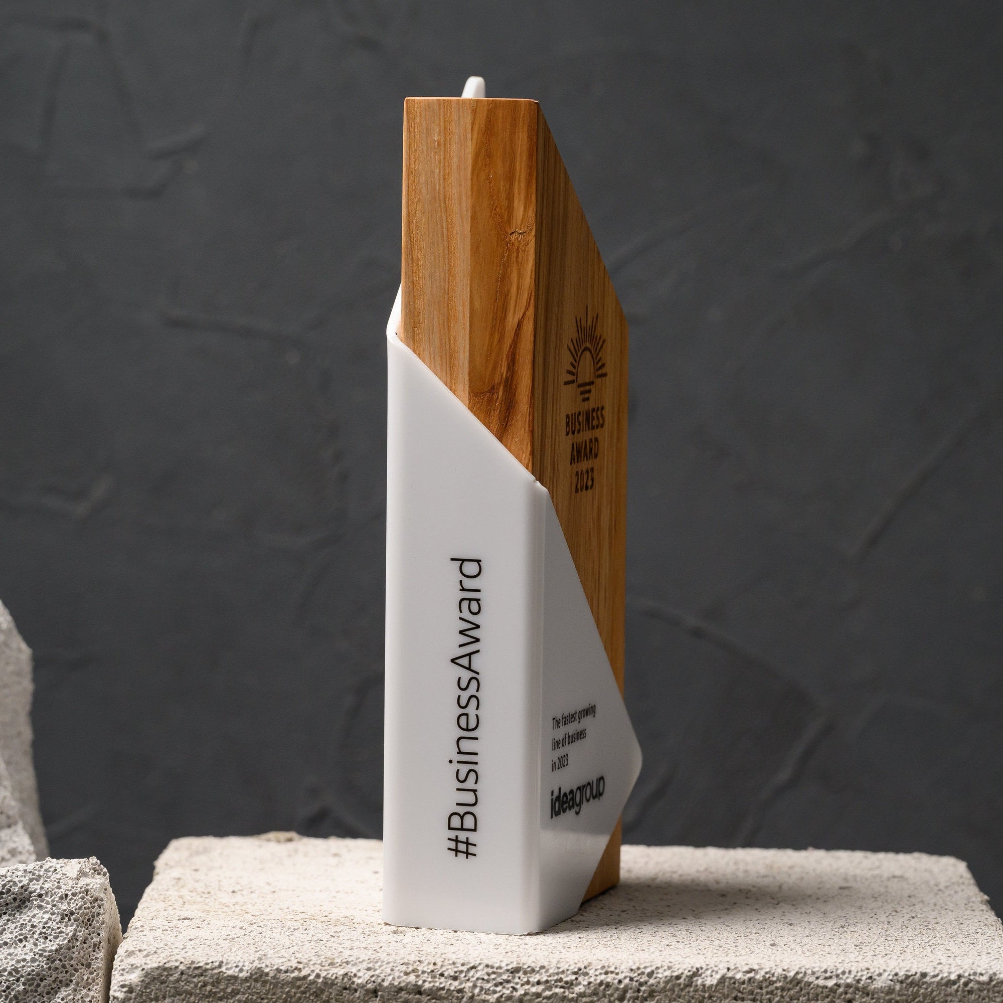 Three-quarter view of the award showing printed lettering along the folded edge of the acrylic