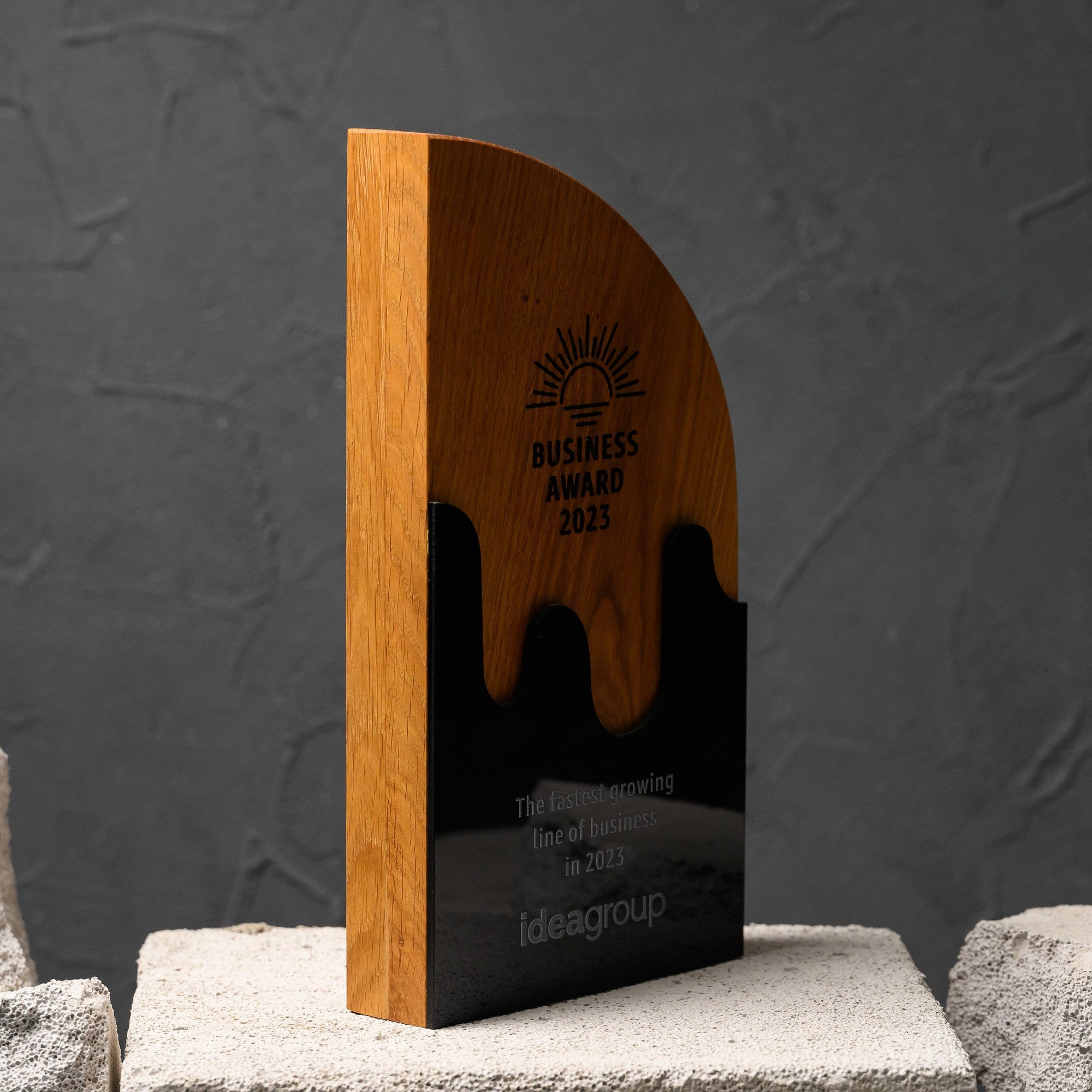 Angled view of the standing award showing the arched oak profile and the depth of the acrylic