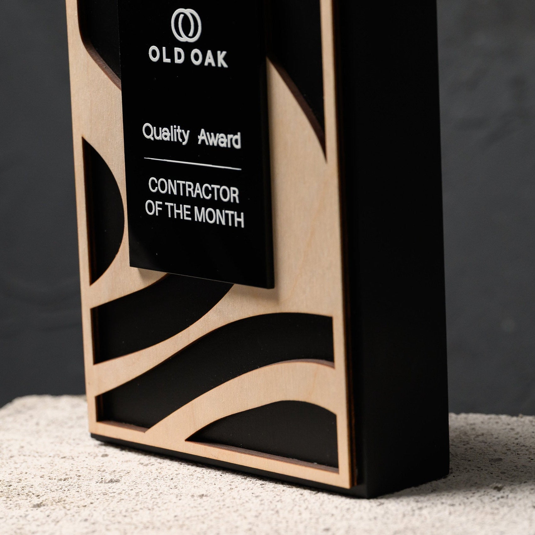 Close view of the lower half of the award with the printed acrylic plate and curved wood cutouts