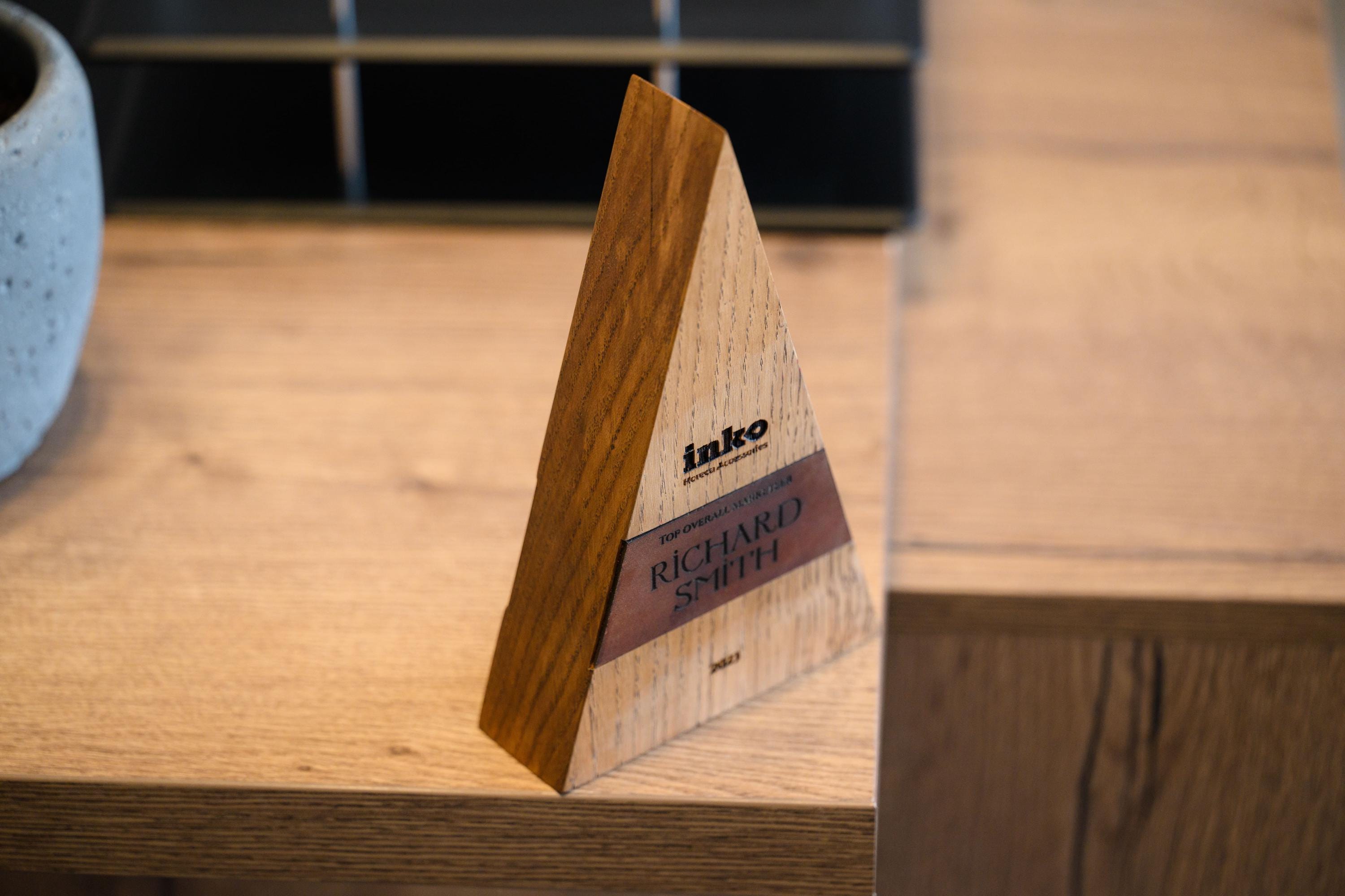 Wooden award with leather