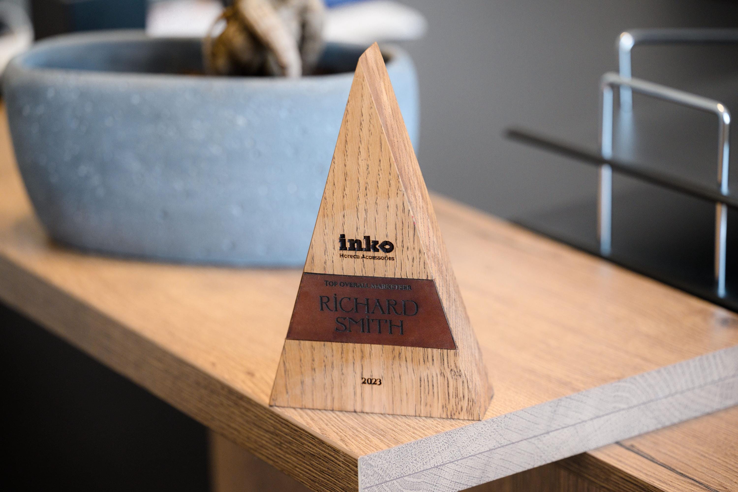 Wooden award with leather
