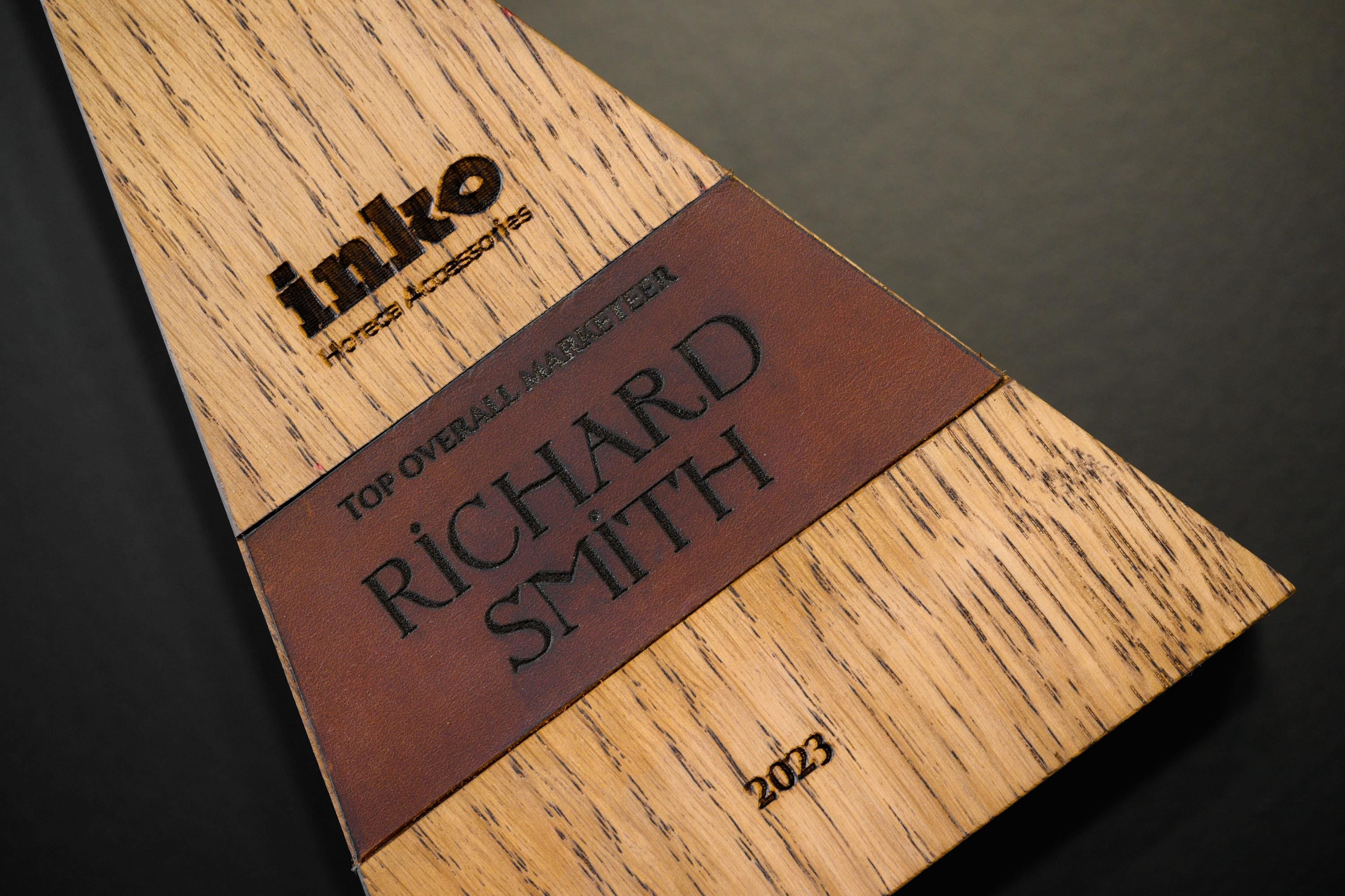 Wooden award with leather