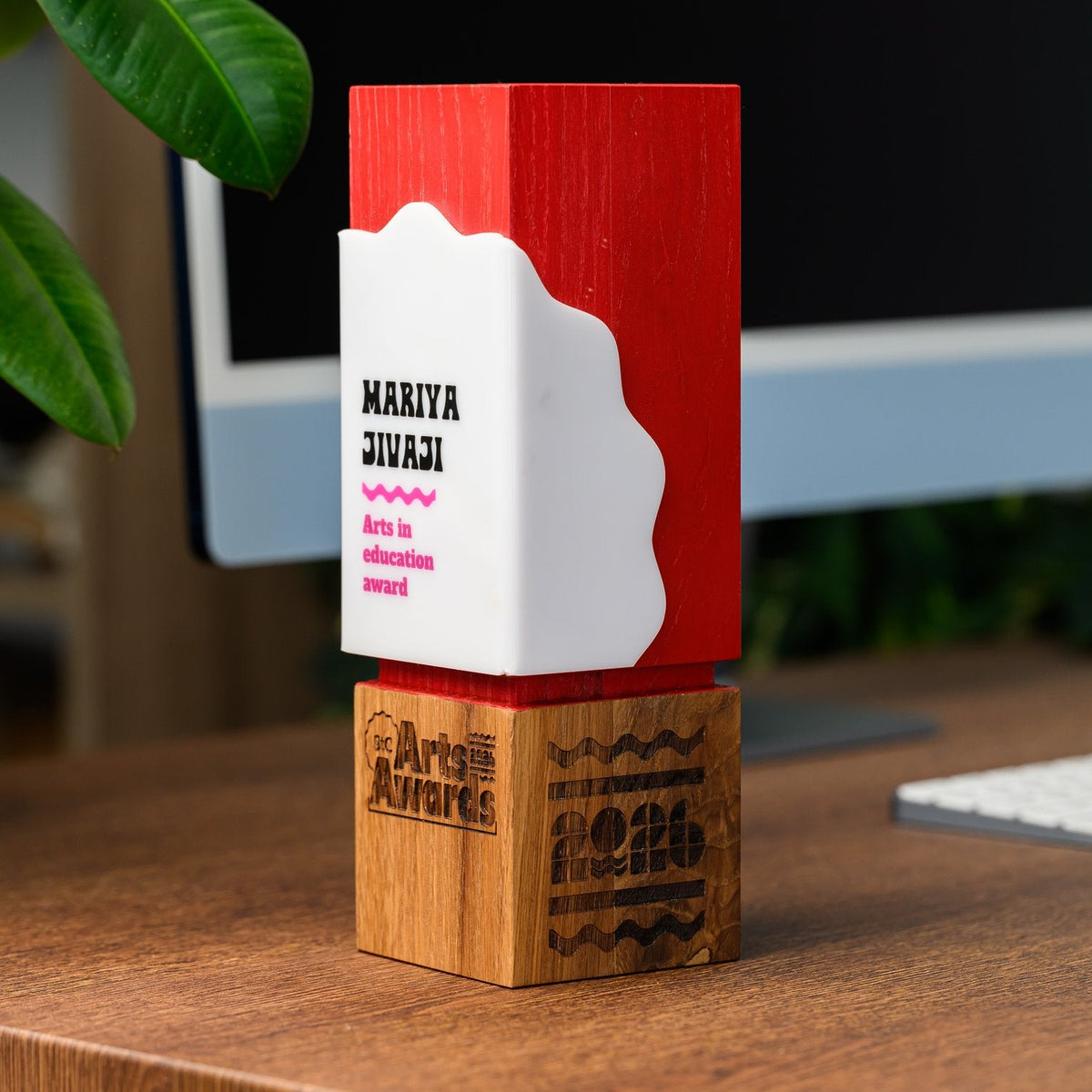 Custom Tower Award in Red Oak with White Acrylic Panel v55