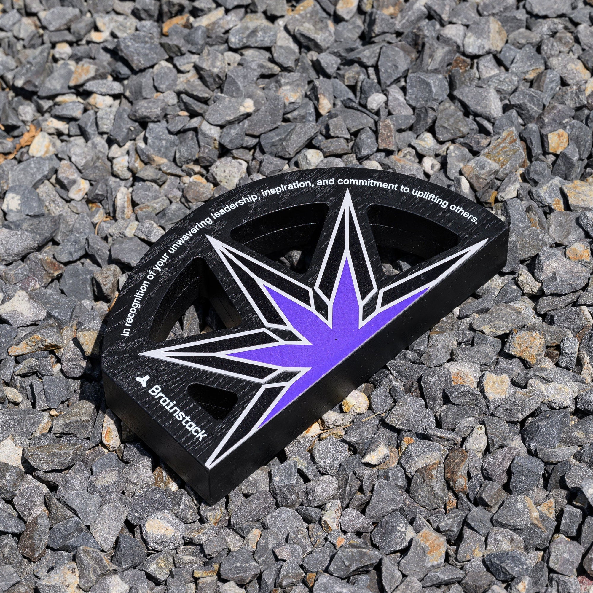 Second angle of the star award on grey gravel, showing the curved edge and open cut-out segments