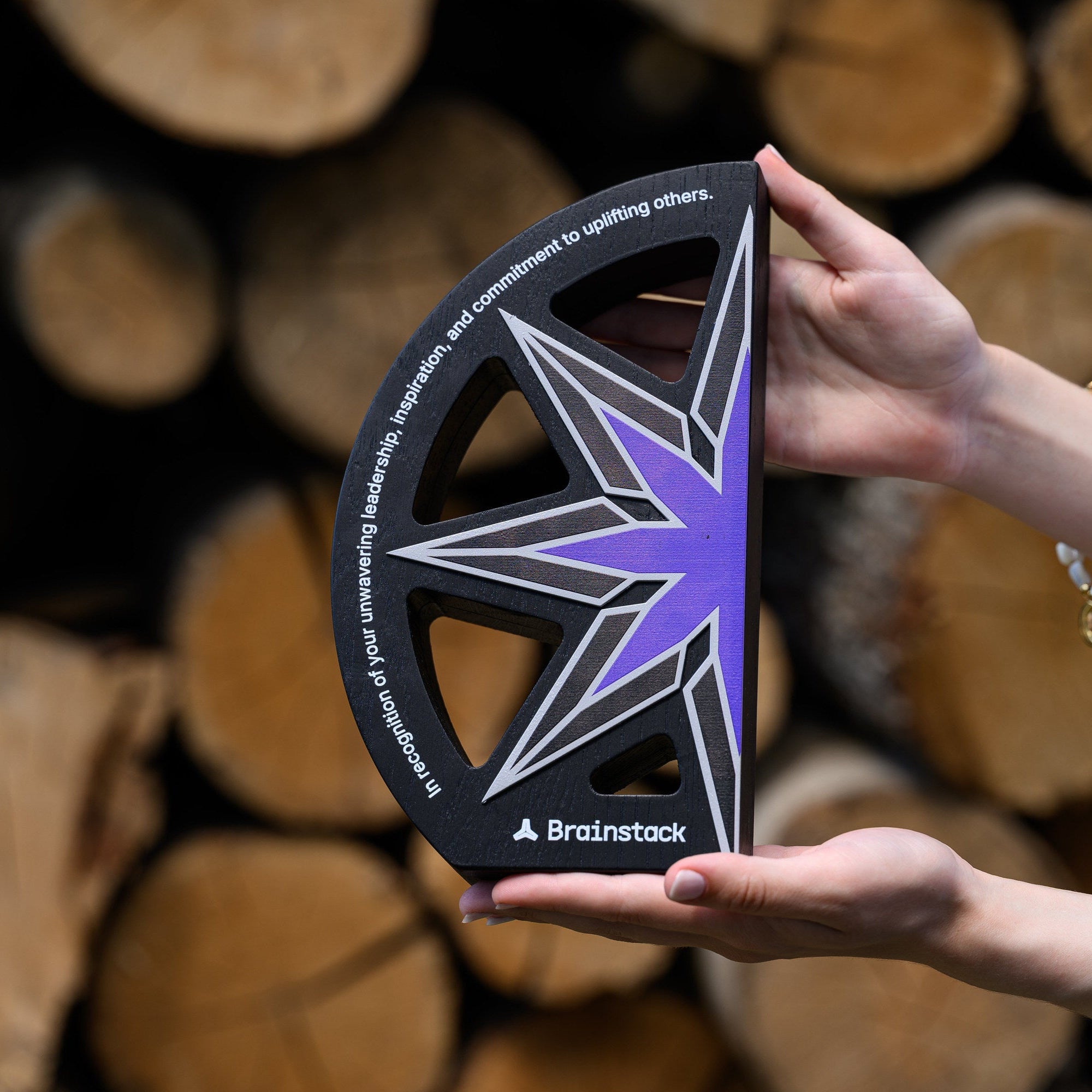 Hands holding a black oak star award with printed stainless steel detail in front of stacked logs
