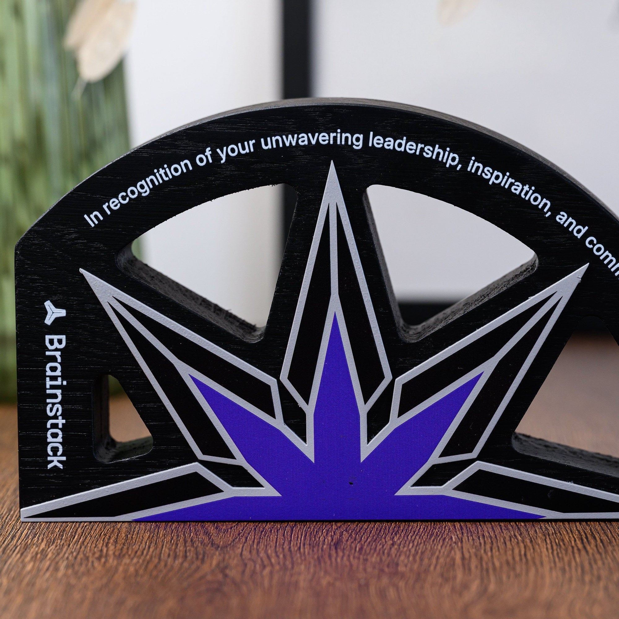 Custom star leadership award in black oak with a printed steel starburst, standing on a wooden desk