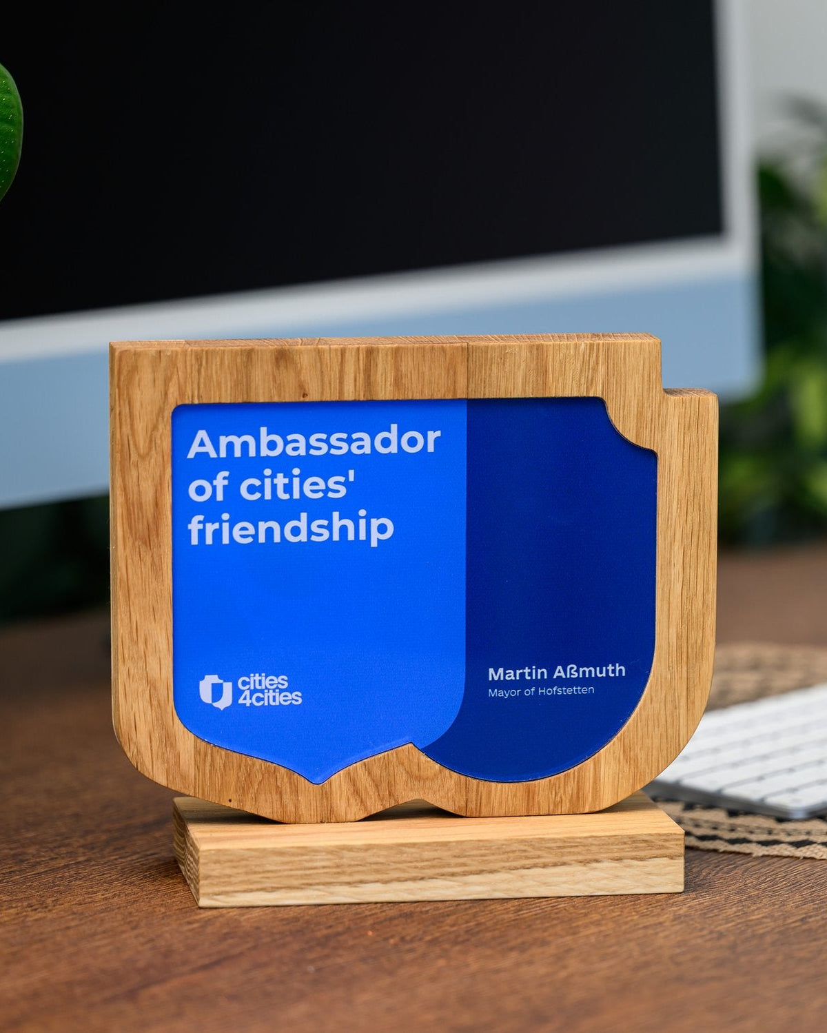 Custom Ambassador Award in Oak with Blue Acrylic Shield v51