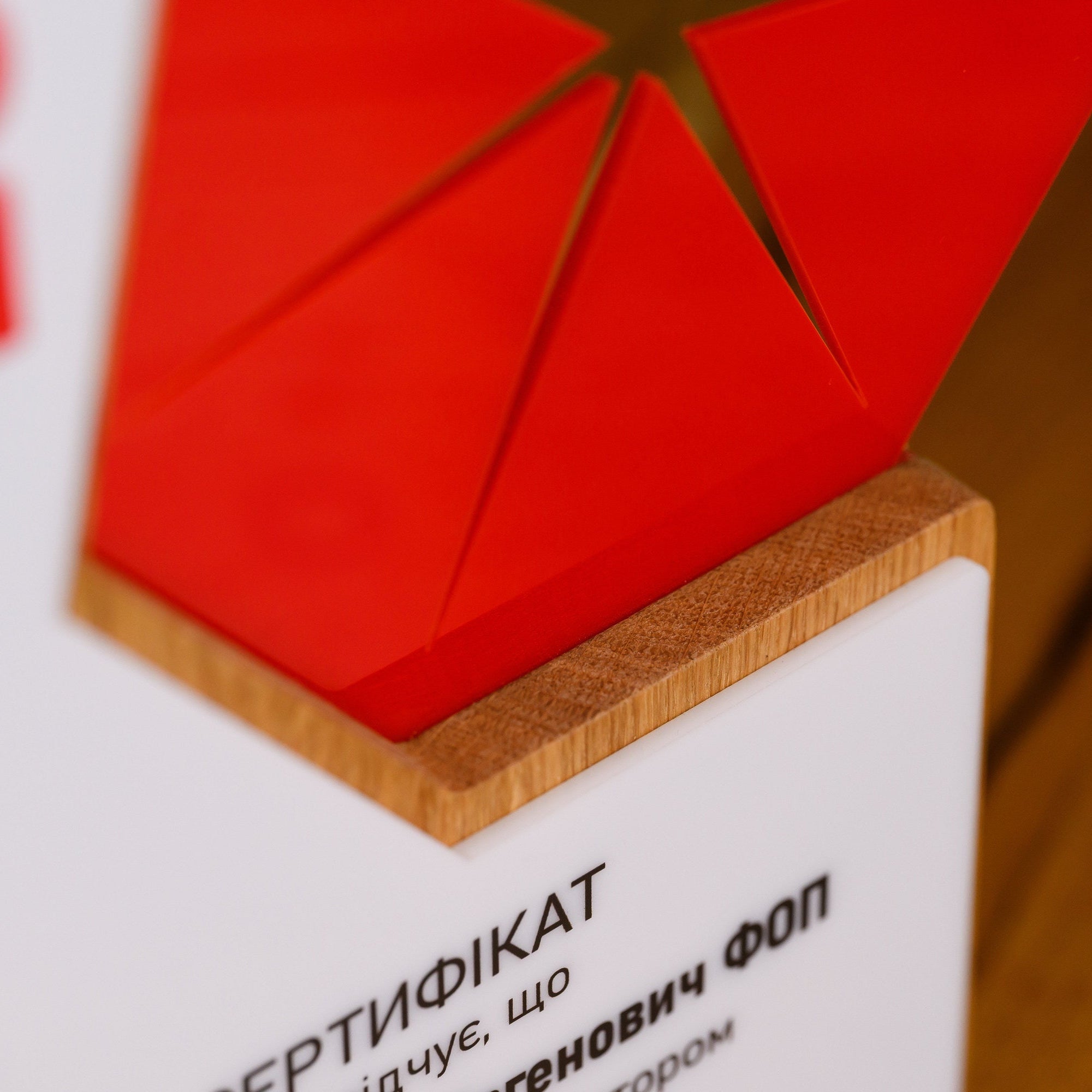 Macro of the acrylic emblem seated in its oak recess, showing the cut edges and layer depth