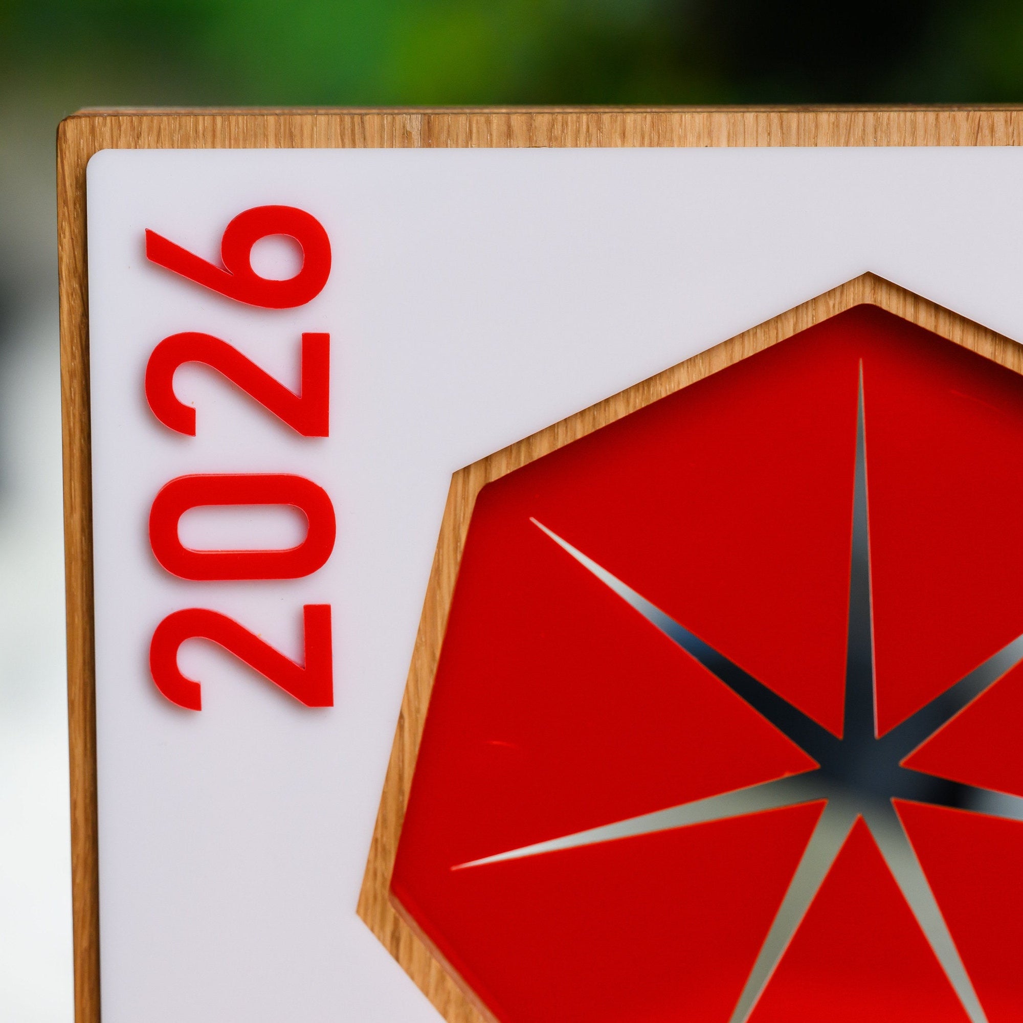Detail of the coloured acrylic emblem and the raised year numerals mounted on the white panel